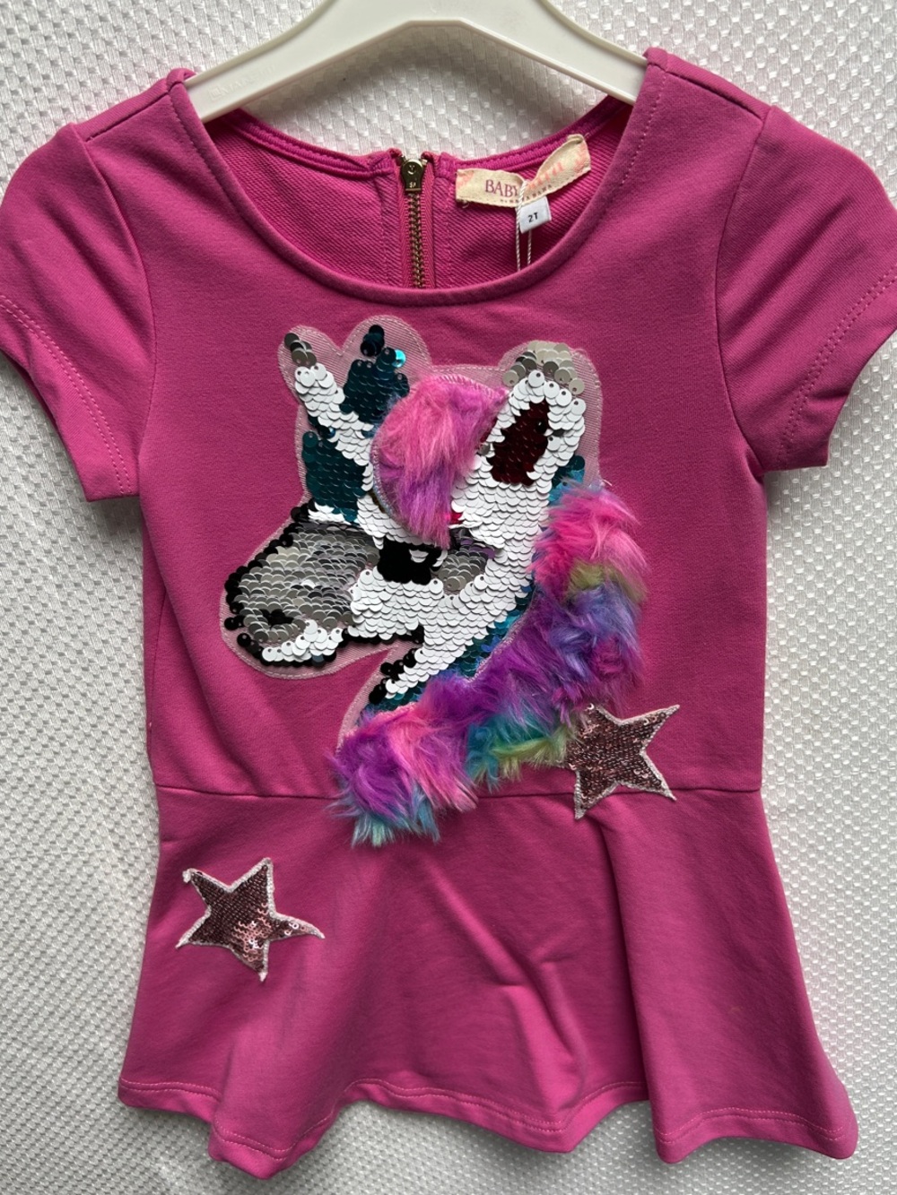 Girls Cotton Fuchsia Unicorn Sequin Peplum Dress - by BABY SARA. Size 2T. NWT